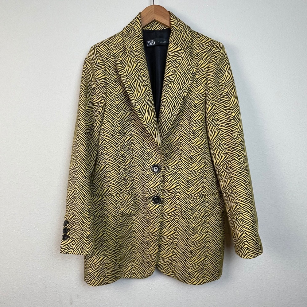 ZARA Women's Yellow Black Animal Print Blazer Jacket Size S Maximalist Bold